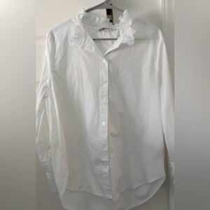 Zara White Ruffle High Neck Button Down Poplin Shirt Blouse XL